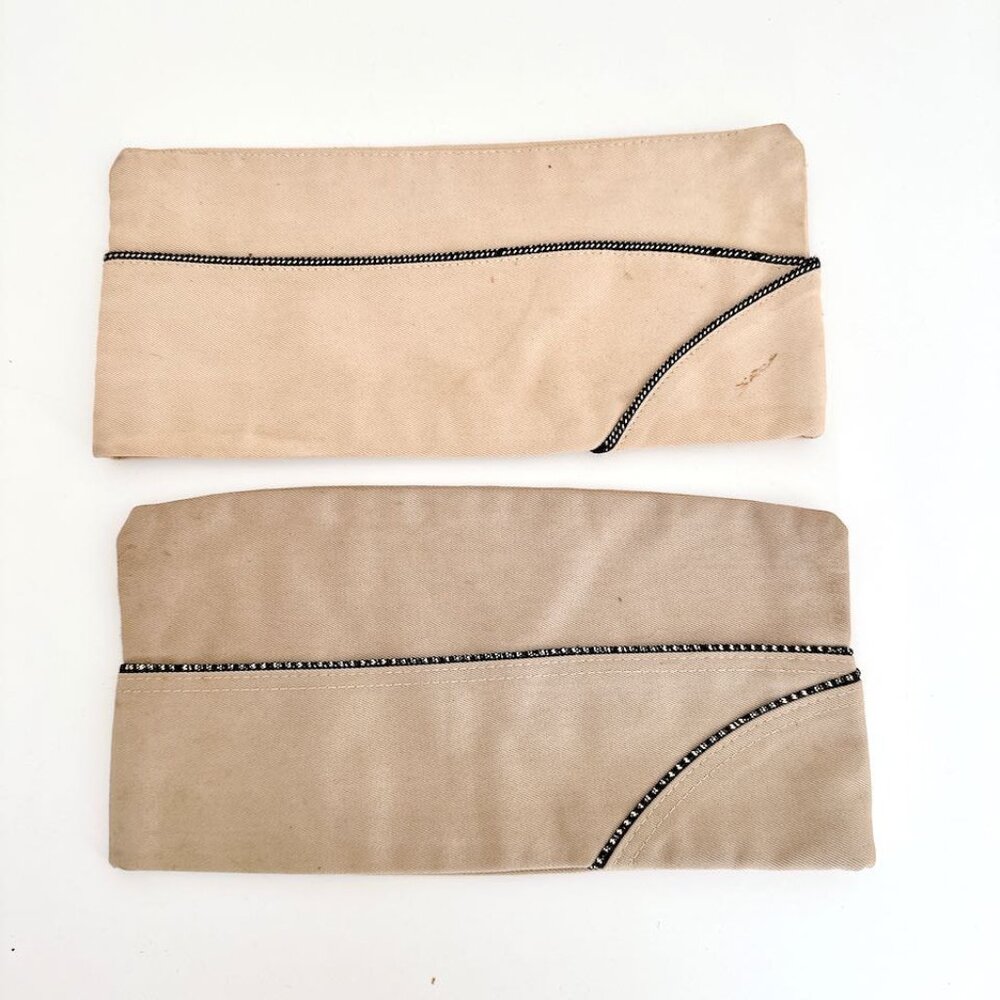 VINTAGE US ARMY KHAKI GARRISON CAPS WITH OFFICER PIPING PAIR 7 1/4